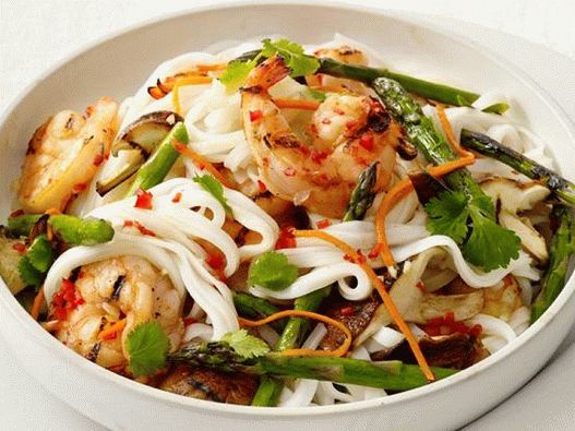 Photo, rýže, nudle, salát, s, grilovaný, skrček