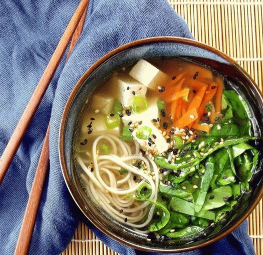 Foto polévka se špenátem, tofu a soba nudle