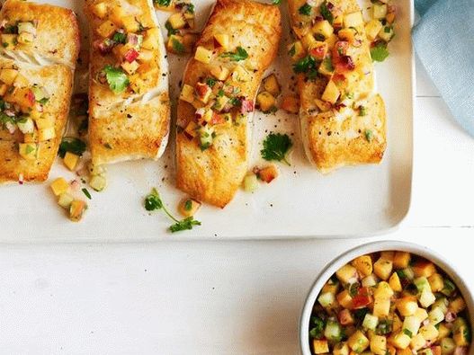 Photo, zlatý, makrela, s, broskev, a, okurka, salsa